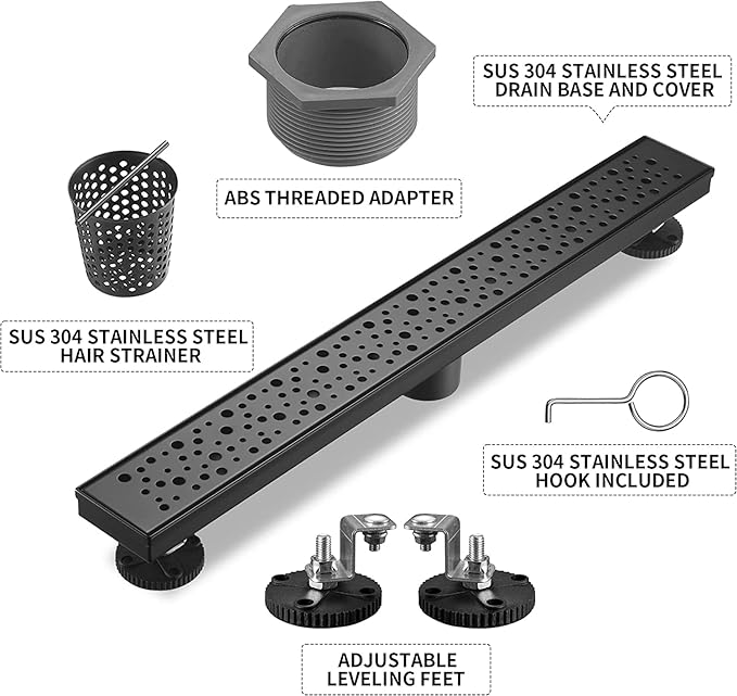 Linear Shower Drain 32 Inch, Bubbles Shower Drain SUS-304 Stainless Steel, 51L/Min Fast Drainage Floor Linear Drain, US Standard CUPC Certified, Matte Black, SD-099