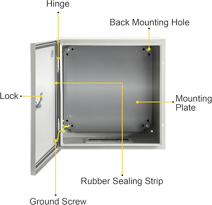 VEVOR NEMA Steel Enclosure, 16 x 16 x 6'' NEMA 4X Steel Electrical Box, IP66 Waterproof & Dustproof, Outdoor/Indoor Electrical Junction Box, with Mounting Plate