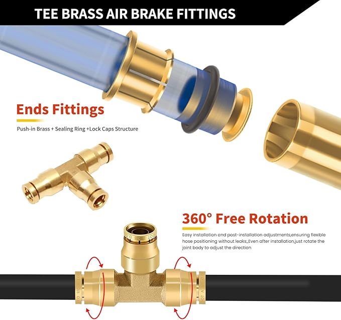 1/4" Brass Push to Connect Fittings Tee Union Dot Approved Air Brake Quick Connect Fittings Air Line Fittings Air Suspension Kit for Truck Trailers and Air Brake System 2Pcs