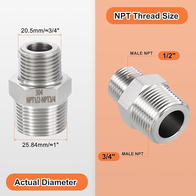 6 Pack 304 Stainless Steel Male to Male Adapter, 3/4" Male NPT x 1/2" Male NPT Hex Nipple Pipe Extension Fitting for Industrial, Automotive, Fluid Transfer, Home Gardening, Water