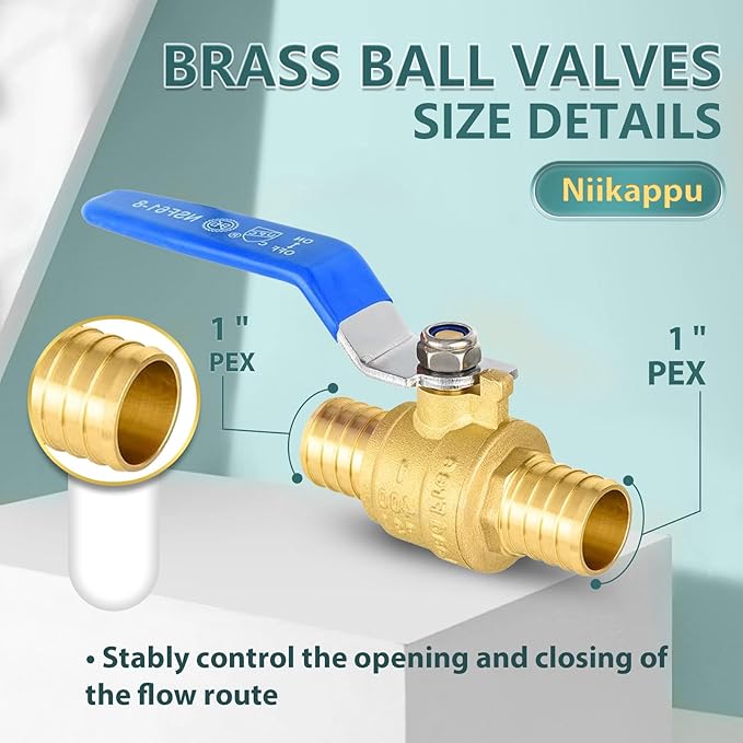 6 Pack Ball Valves, 1" Pex Crimp Shut Off Valve Blue, Brass Full Port Pex B Shut Off Ball Valve for Hot and Cold Water, NSF/ANSI 61 Certified