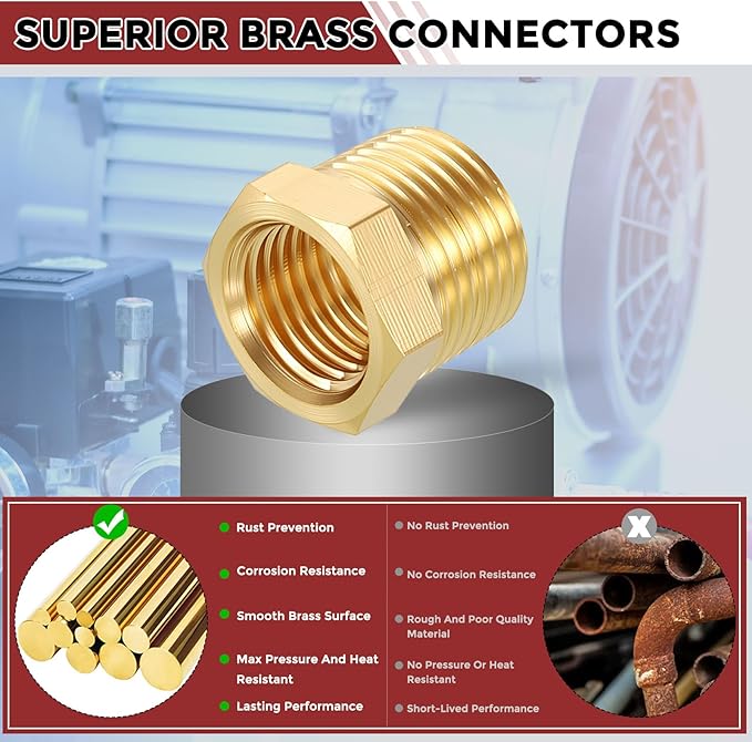 Pack of 12, 3/8" NPT Male to 1/4" NPT FeMale Solid Brass Hex Bushing, Hose Fittings Adapter Threaded Reducer Heavy Duty for Pipe Leak Repair, Pneumatic Systems, Compression