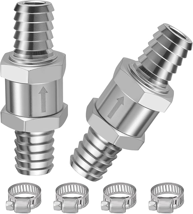 EVIL ENERGY 1/2" (12mm) Check Valve, 2 Pcs Aluminum One Way Fuel Check Valve for Gasoline, Diesel & Coolant with Universal Hose Clamps, Silver
