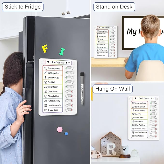 Chore Chart for Kids Dry Erase Chore Board ADHD Tools for Kids to Do List Checklist Task Board Routine Chart Planning Board for Fridge with 10 Sliders and Magnetic Marker, White and Rainbow, 2 Pack