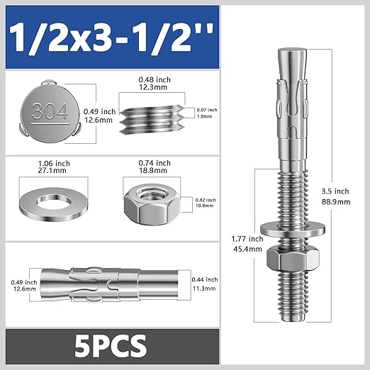 5Pcs 1/2x3-1/2 Inch Standard Fasteners for Heavy-Duty 304 Stainless Steel Wedge Anchors for Cement and Concrete