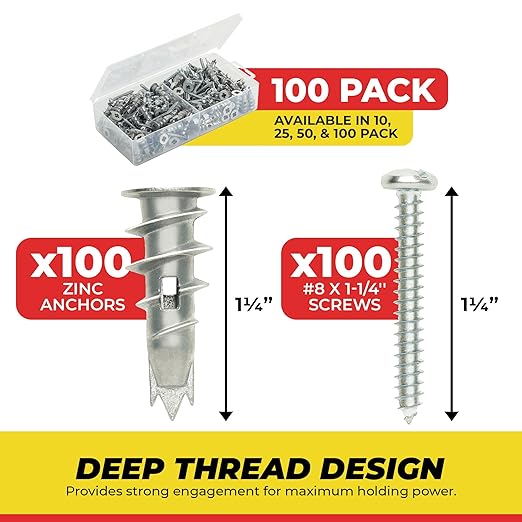 Qualihome Zinc Self Drilling Drywall Anchor Hollow Wall Anchor Kit With Screws - Metal Self Drilling Drywall Anchors With Wide Screw Fins - #8 Zinc Drywall Anchors Heavy Duty (100 Pack)