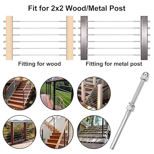 CKE 60 Pack Cable Railing Kit Hand Swage Threaded Stud Tensioner for 1/8" Cable for 2x2 Wood/Metal Post Deck Stair Cable Railing Hardware Terminal, T316 Stainless Steel Cable Railing Tensioner CR06