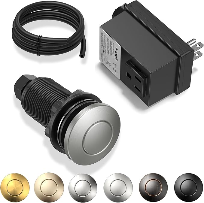 Garbage Disposal Air Switch Kit – UL Listed Professional Wireless Sink Top Button in Brushed Nickel, Compatible with Moen, Kohler, and Delta Faucets