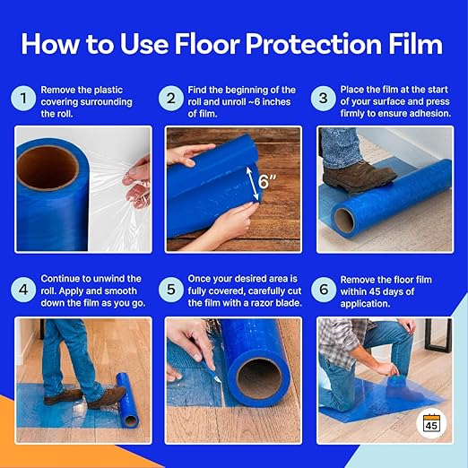 TapeManBlue Floor Protection Film, 36" x 500', Made in USA, Blue Self Adhesive Floor Protector Tape for Moving, Painting and Construction, Temporary Covering to Shield Hardwood, Tile, Hard Surfaces