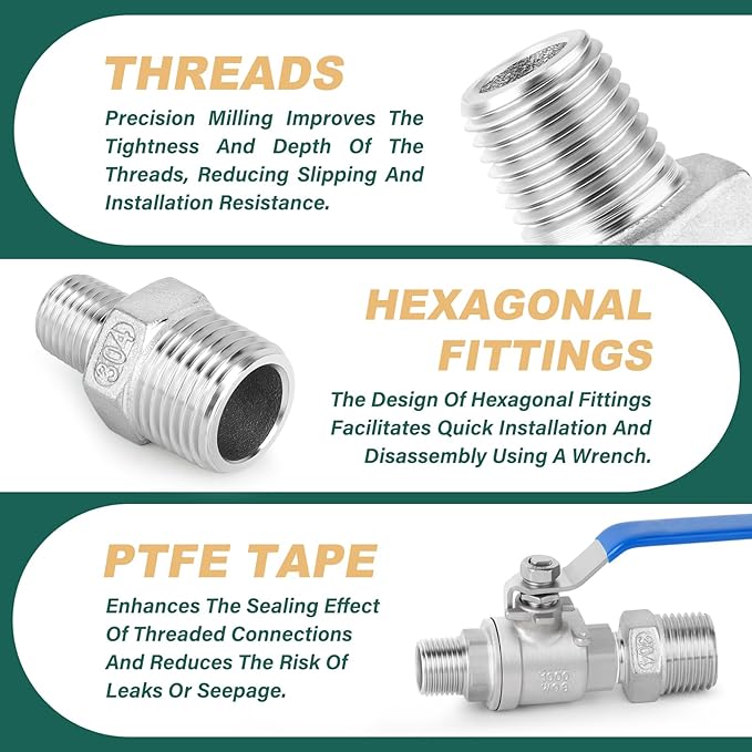 5PCS 304 Stainless Steel Reducing Hex Nipple, 1/2" x 1/4" Male NPT Straight Head Pipe Adapter Fittings, Reducer Nipples Connectors for Oil, Water Line, Gas