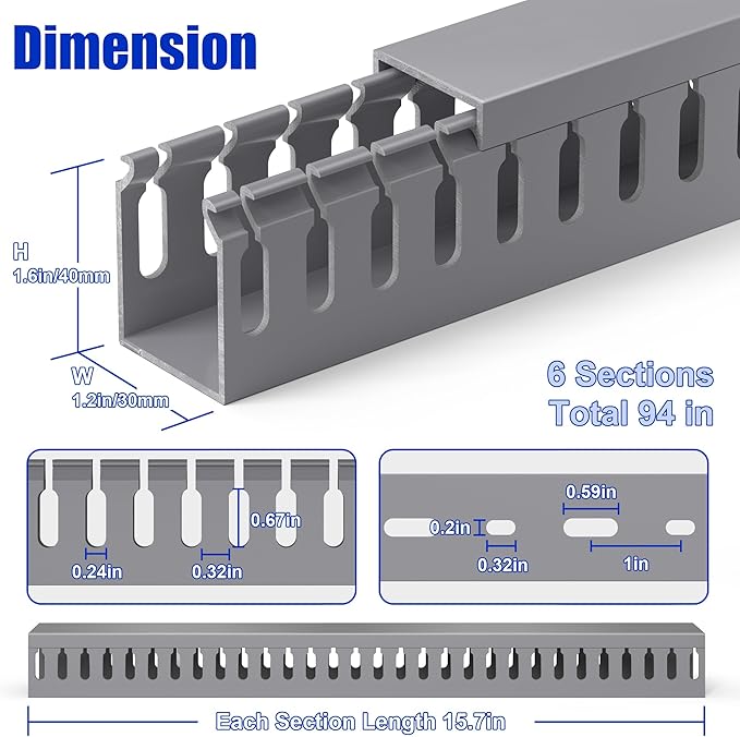 94.5in(6X L15.7in) Professional Server Rack Cable Management Raceway, H1.6in x W1.2in Cable Raceway Kit, Electrically Safe PVC Open Slot Wire Raceway for Under Desk/Computer/Network Cords, Grey