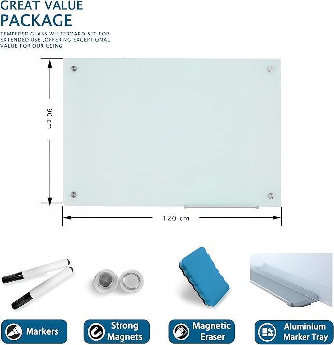 Magnetic Glass Writeboard 48"X36" Premium Tempered Dry Erase Boards Wall Mounted Frameless Whiteboard Bulletin Message Boards (White)