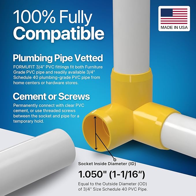 FORMUFIT 3/4” 3-Way Elbow Furniture Grade PVC Fitting in Yellow, Made in USA, UV-Resistant, Impact-Proof, 1.050” Actual Socket Diameter (Pack of 8)
