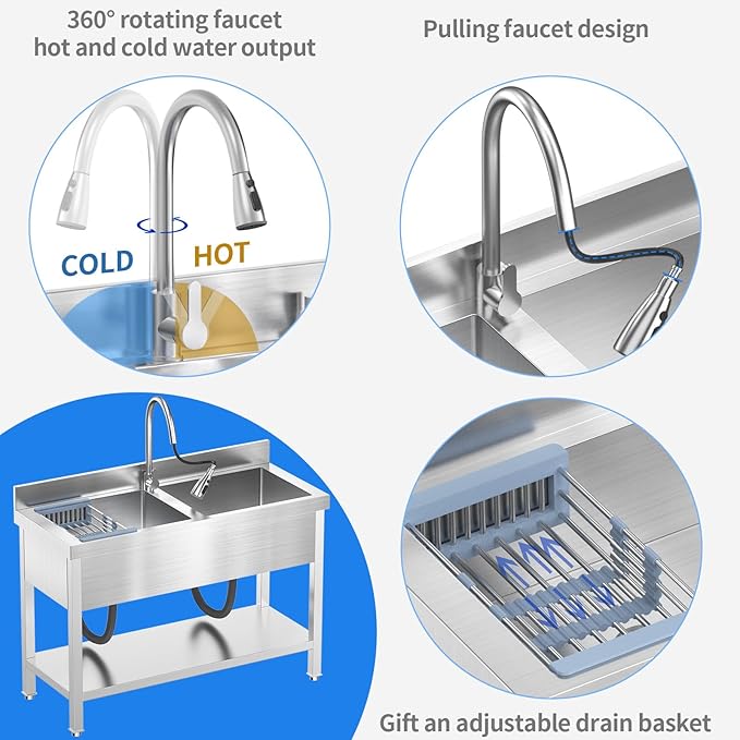 47Inch 2-Compartment Commercial Sink, Stainless Steel Utility Sink with Pull-out Faucet, Free Standing Double Bowl Kitchen Sink for Restaurant, Garage, Shop, Cafe