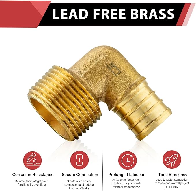 (Pack of 2) EFIELD Barb Crimp Pex 3/4"x 3/4" Male Threaded NPT Elbow Brass Fittings, ASTM F1807,(PEX1807099-2PCS)