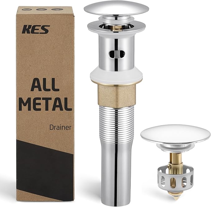 KES All Metal Bathroom Sink Drain with Strainer Basket Hair Catcher Anti Clog Pop Up Drain Stopper for Vanity Vessel Sink with Overflow, Rustproof 18/8 Stainless Steel Polished Chrome S2013A-CH