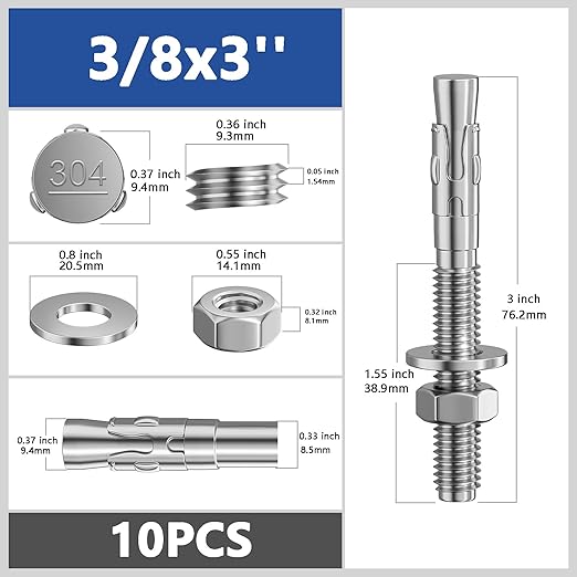 10Pcs 3/8x3 Inch Standard Fasteners for Heavy-Duty 304 Stainless Steel Wedge Anchors for Cement and Concrete