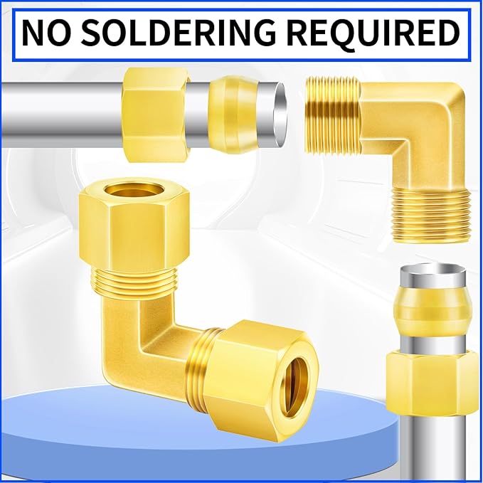 ChillWaves Brass Compression Tube Fitting, 3/8" OD x 3/8" OD 90 Degree Elbow Compression Union Connector(5-PACK)