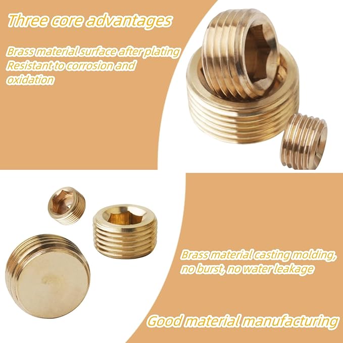 18PCS 1/8" NPT Brass Male Pipe Plug Fitting Hex Counter Sunk Pipe Plug (1/8" NPT)