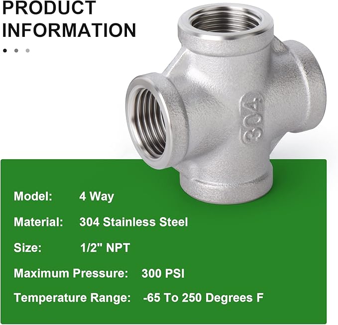 TAISHER 2PCS Stainless Steel 4 Way Pipe Fittings, 1/2" x 1/2" x 1/2" x 1/2" NPT Female Pipe Fittings