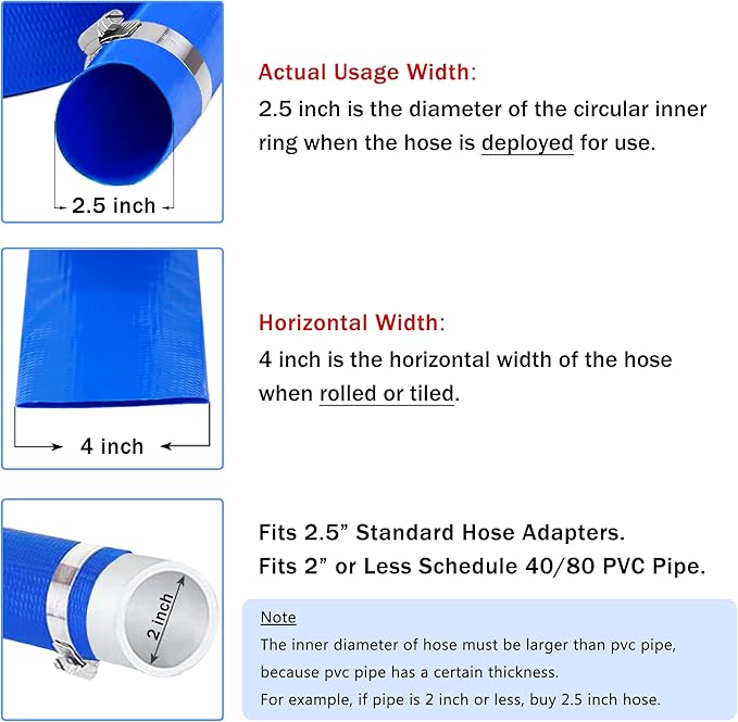DAVCO 2.5" x 25 ft Pool Backwash Hose, Heavy Duty Reinforced Blue PVC Lay Flat Water Discharge Pump Hoses For Swimming Drain Pools and Clean Filters,with 1 Clamp