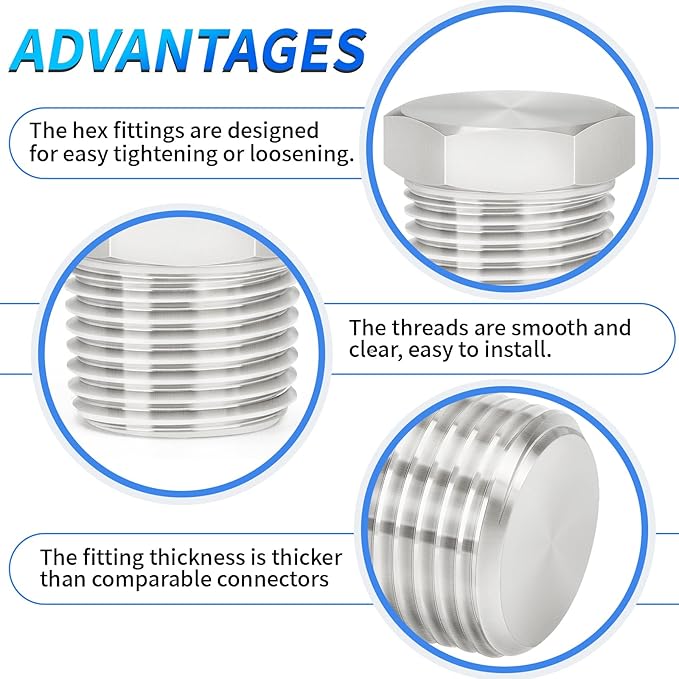 ChillWaves 304 Stainless Steel Pipe Fitting, Outer Hex Head Socket Pipe Plug Fitting，1-1/2" NPT Male，Thread Adapter(2-PACK)