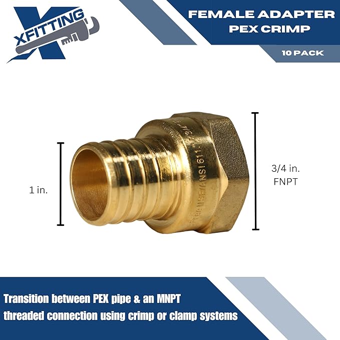 XFITTING 1 inch Pex x 3/4 inch Female Adapter, Female NPT Adapter 23-4-6=10X, 10 Pieces