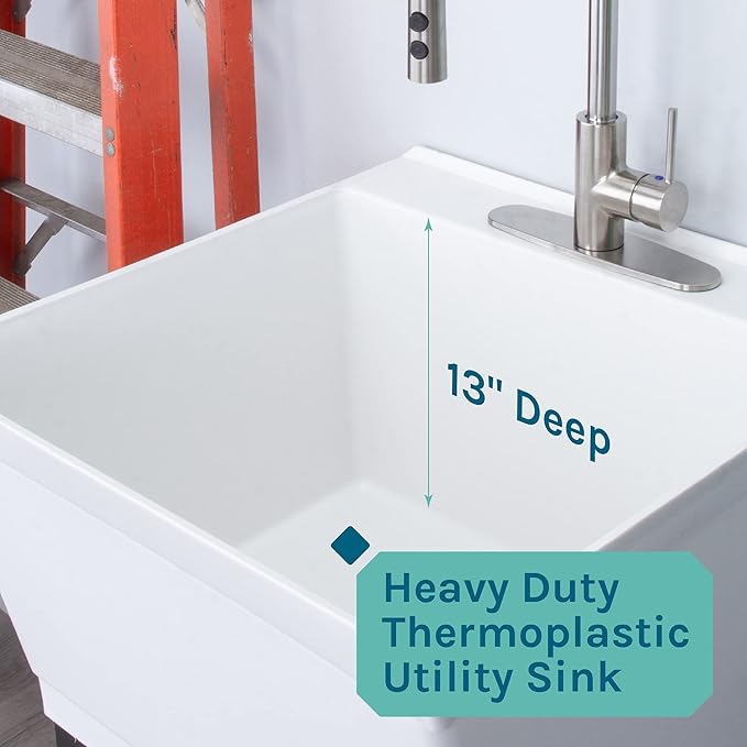 Utility Sink Extra-Deep Laundry Tub in White with High-Arc Stainless Steel Coil Pull-Down Sprayer Faucet, Integrated Supply Lines, P-Trap Kit, Heavy Duty Floor Mounted Freestanding Wash Station