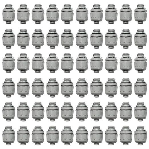 Conduit Connectors, 1/2 Inch Liquid Tight Connector NPT Non-Metallic for PVC Electrical Flexible Conduit Fittings, 180 Degree Straight, UL Listed for Home Outdoor Tubes Tools, Grey (60-Pack)