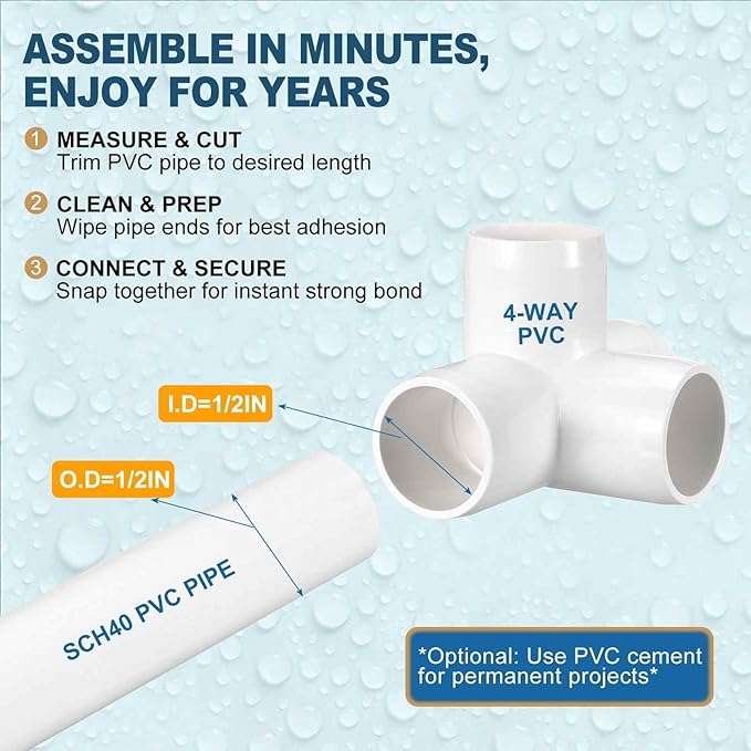 4 Pack 1/2" SCH40 PVC Elbow Pipe Fitting, 4-Way PVC Elbow Corner Side Outlet Tee Fitting, Furniture Grade Pipe Connectors for DIY Project, Pond Protection, Socket x Socket, White