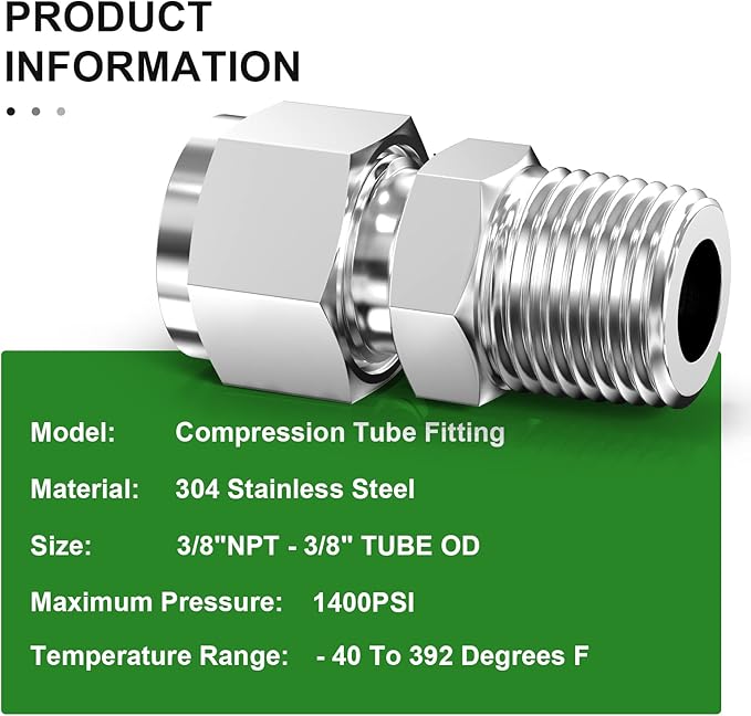 TAISHER 5PCS 304 Stainless Steel Compression Tube Pipe Fitting Connector, 3/8" Tube OD x 3/8" NPT Male Straight Adapter