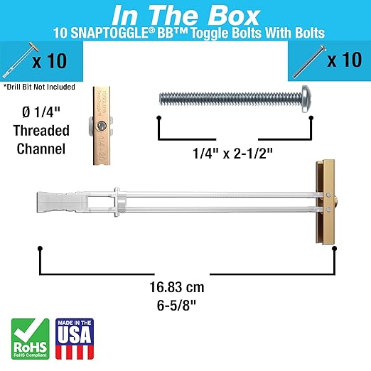 TOGGLER SNAPTOGGLE BB Toggle Anchor with Bolts, Zinc-Plated Steel Channel, Made in US, 3/8" to 3-5/8" Grip Range, for 1/4"-20 UNC Fastener Size (Pack of 10)