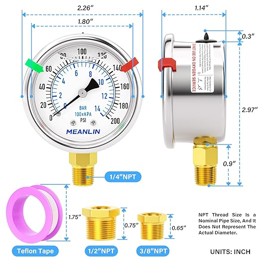 MEANLIN MEASURE 0~200Psi Liquid Filled Pressure Gauge Stainless Steel 1/4" NPT 2" FACE DIAL for Air Compressor Air Regulator Water Filter Lower Mount, with Hex Bushing and 2PCS Snaps