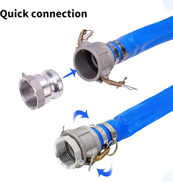 2" x 50ft PVC Lay Flat Discharge Hose With Aluminum Camlock C & E Fittings, Cam Lock Fitting Type A included, Heavy Duty Reinforced Pump Backwash Hose Assembly