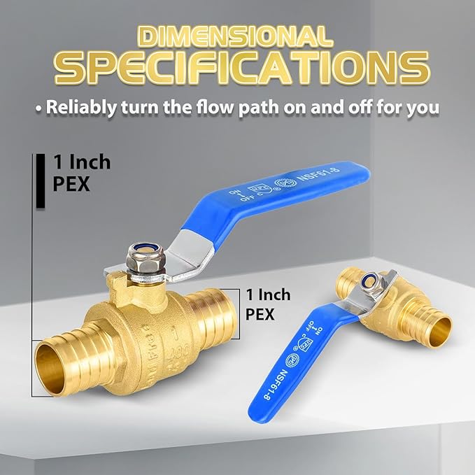 10-Pack Foskan 1 Inch PEX Crimp Full Port Ball Valve with Blue Handle, Brass Quarter Turn Shut-off Valve for PEX Tubing