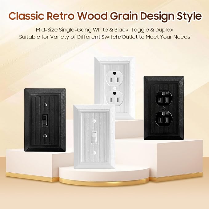 Classic Retro Wood Grain Design Style, Modern Decorative Light Switch Cover Plate, Rocker Outlet Covers Wall Plates Mid-Size (1 Gang Single Toggle 12-Pack Black)