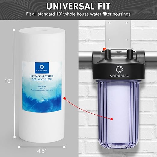 Airthereal Whole House Water Filter Housing, 10" x 4.5" Sediment Carbon Cartridge Universal Housing, Pre-Filtration System for Well and City Water with 1" NPT Port and Include 1-Pack PP Filter