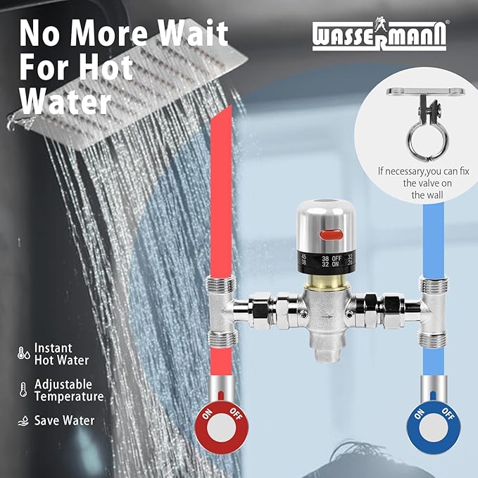 WASSERMANN Adjustable Temperature Sensor Valve Kit for Instant Hot Water Recirculating System，304 Stainless Steel Bypass Sensor Valve Replacement for the Plastic Sensor Valve