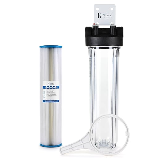 Well Water Whole House Sediment & Rust Complete Filtration System, Pleated Washable filter, 20" Clear Housing 1" Ports