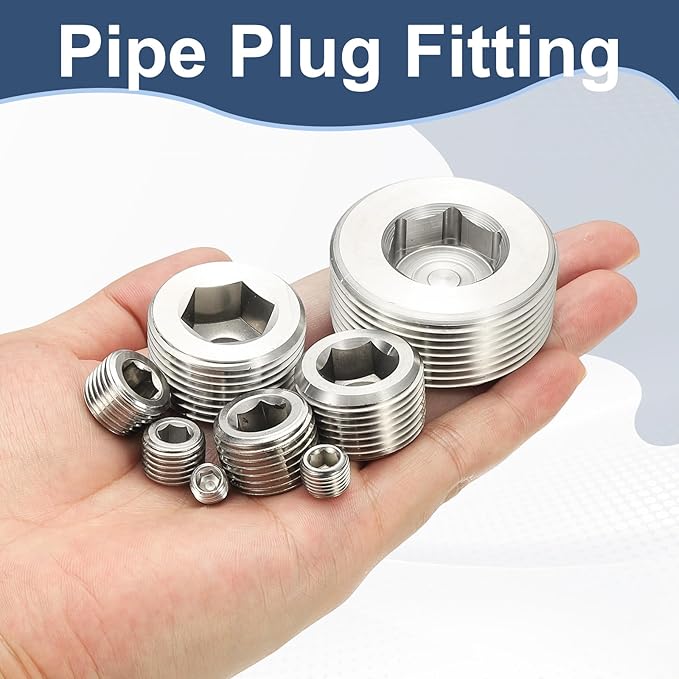 PATIKIL 3/8" NPT Male Internal Hex Pipe Fitting, 6 Pcs 304 Stainless Steel Pipe Plug Fitting Assortment Kit Countersunk Thread Head Socket Pipe Plug Fitting Adapter with Tape, Silver