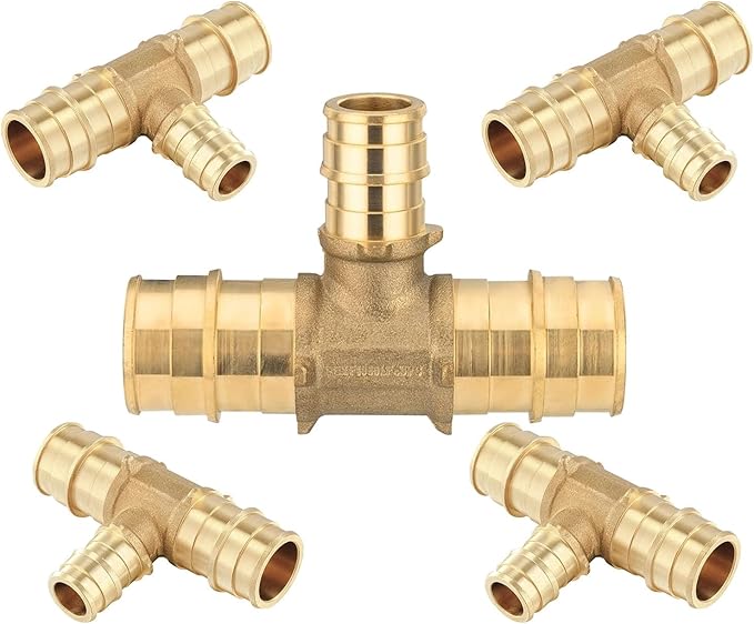 (5-Pack) Seelink PEX-A Expansion Fittings, 1" x 1" x 3/4" PEX-A Tee, Brass Expansion Pipe Fittings, for PEX Tubing Pipe Hose Fittings, ASTM F1960