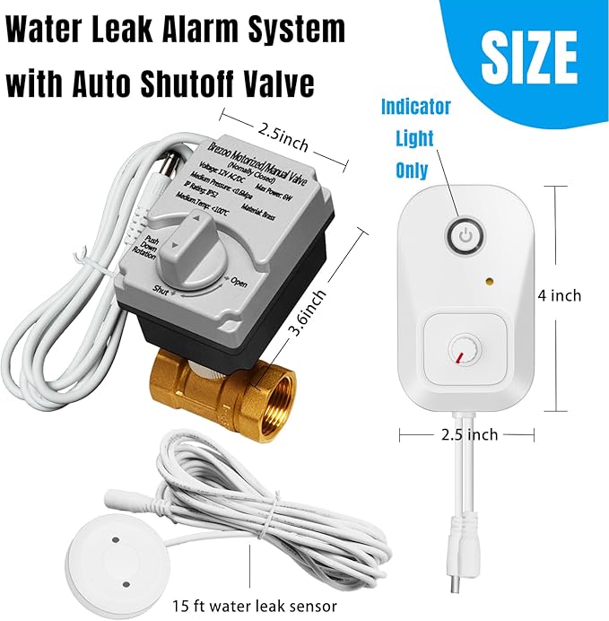 Water Leak Detector for Home, Water Alarm Leak Detector with Automatic Shutoff, Includes Leak Sensor and Water Valve, for 1-Inch Diameter Pipe, Protect Your Home from Water Damage