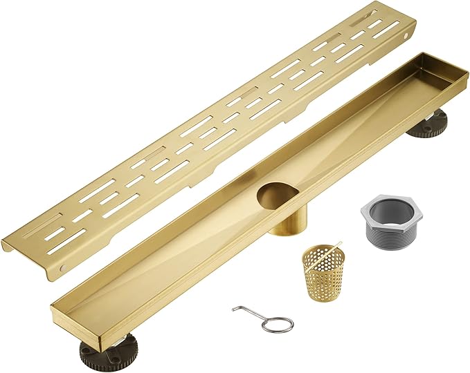 Linear Shower Drain, Brushed Gold Shower Drain 28 Inch with Removable Grate, SUS-304 Stainless Steel Rectangle Floor Drain with Leveling Feet and Hair Strainer, Bathroom Modern Drain SD-101