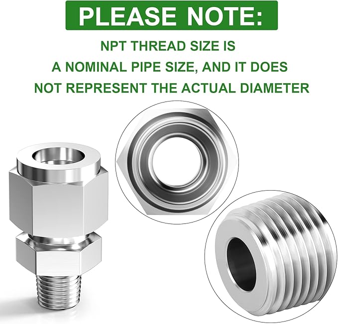 TAISHER 2PCS 304 Stainless Steel Compression Tube Pipe Fitting Connector, 3/8" Tube OD x 1/4" NPT Male Straight Adapter