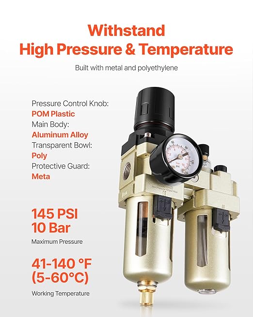 VEVOR Air Compressor Filter Regulator Lubricator (FRL), 3/8" NPT Air Compressor Water Separator, Semi-Auto Drain Air-Drying System with 5μm Brass Filter Element, 145PSI Max Working Pressure, Poly Bowl