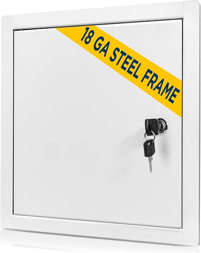 BOZZON Access Panel for Drywall 12 x 12 inch – Metal Door with Key Lock, 18 GA Steel Frame, Wall Hole Cover, Plumbing Access Door, White