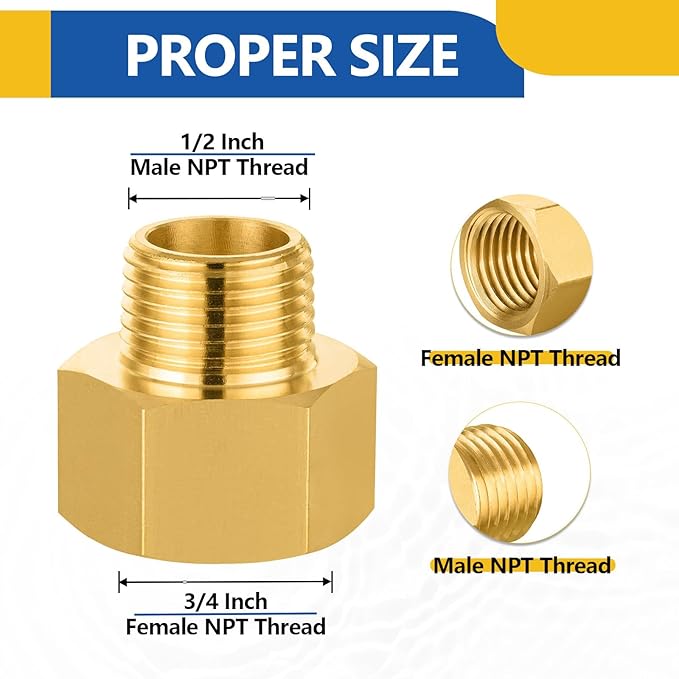 5 PACK GUOFIS Brass Pipe Fittings - 1/2" Male NPT x 3/4" Female NPT Reducing Adapter to Alter Pipe Diameters(NPT037-5Pack)
