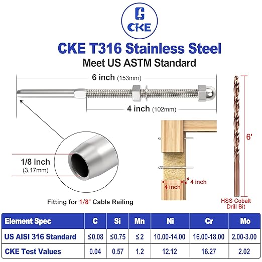 CKE 50 Pack Cable Railing Kit, 4x4 Swage Threaded Stud Tension End Fitting Terminal for 1/8" Cable Deck Railing, T316 Stainless Steel Cable Railing Hardware Tensioner for 4x4, 2x2 Wood Metal Post CR06