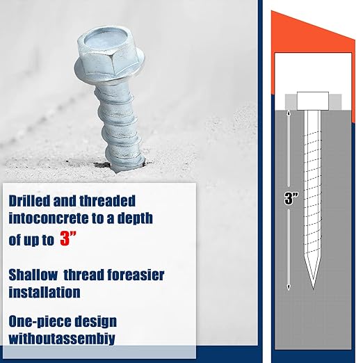 Tandefio 40 Pack 3/8" x 3" Concrete Screw Anchor Galvanized Large Diameter Heavy Duty Plated Concrete Anchors for Masonry Brick Anchoring Block Decking Framing Hex Drive