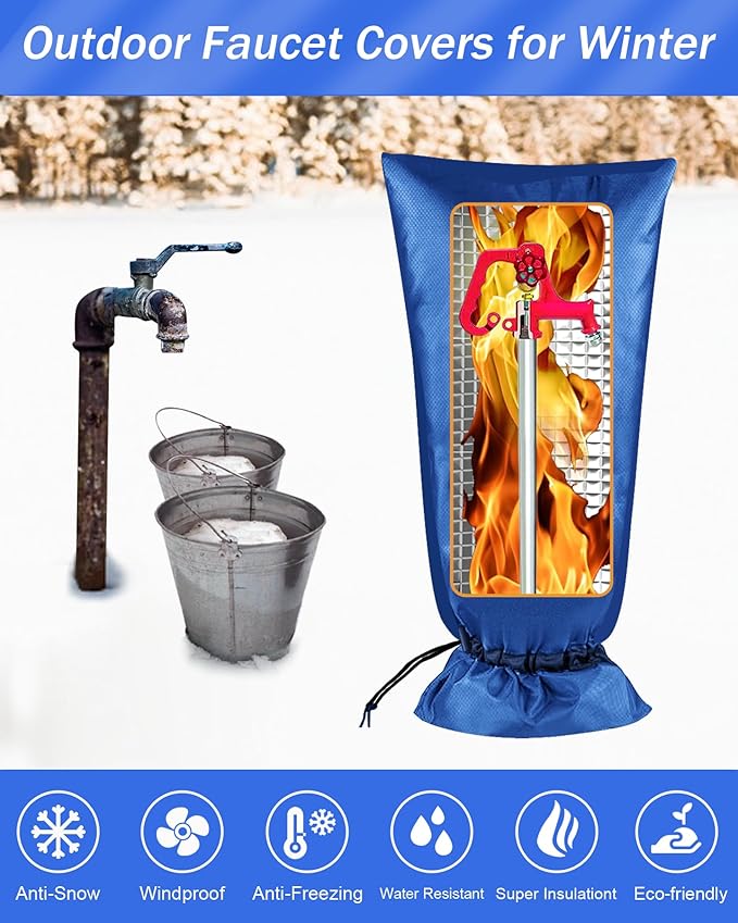 Outdoor Faucet Covers for Winter Freeze Protection, POROLIR Large 35" H X 15" W Thicker Insulation Long Faucet Sock for Outdoor Faucets & Yard Hydrant Hose Bib Insulated Spigot Covers Blue